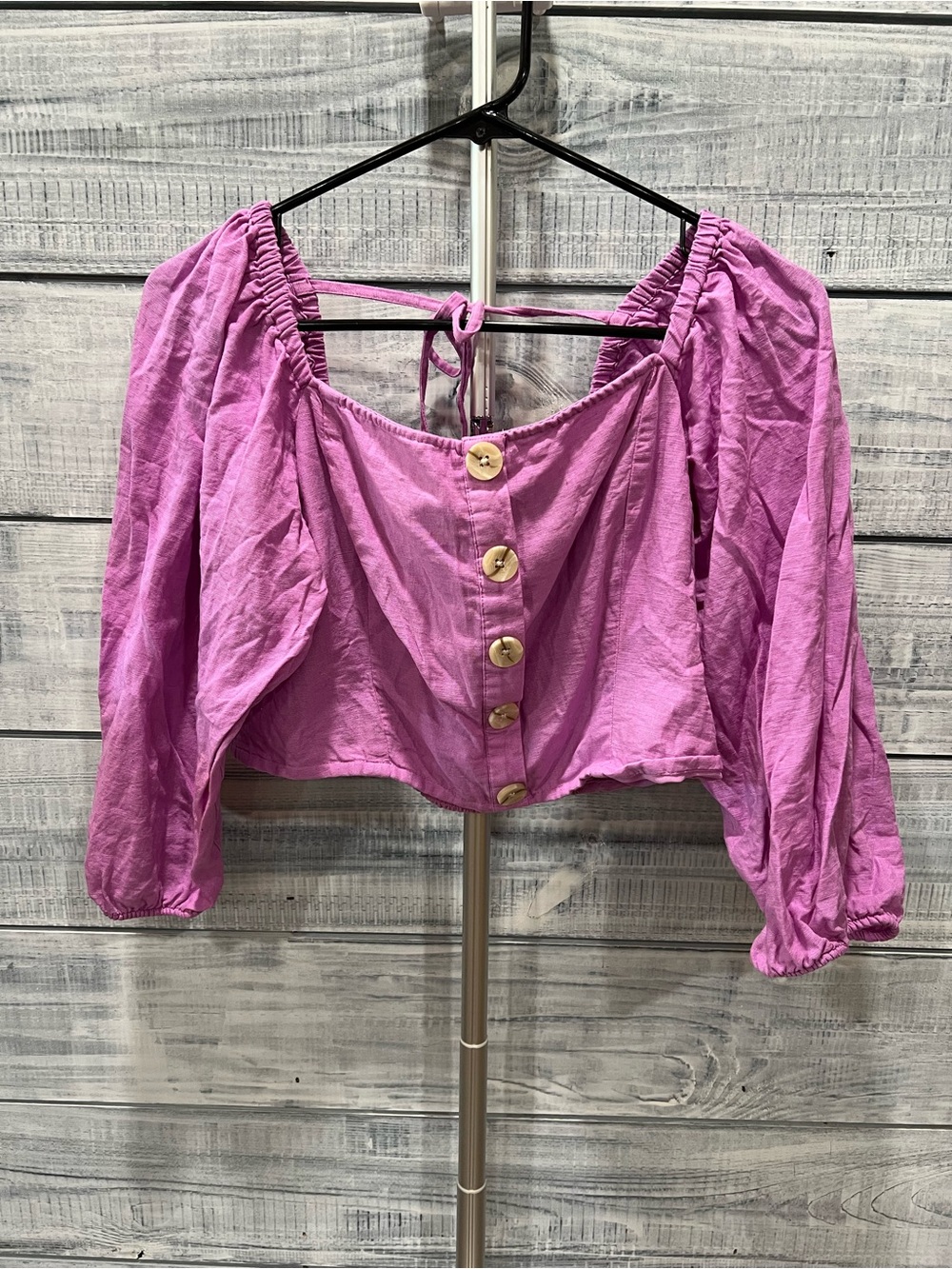 American Eagle Outfitters Lavender Button-Front Puff Sleeve Crop Top